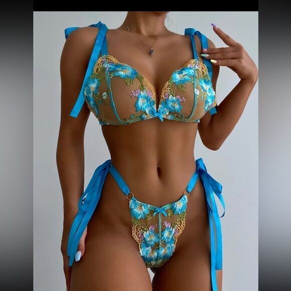 Other - new, blue lace bra and thong set and ribbons to close